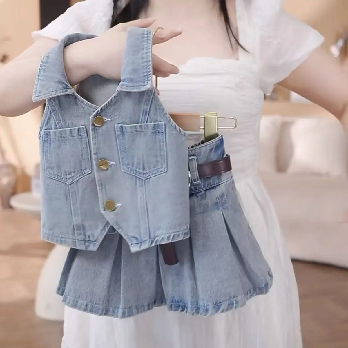 

Girls' Summer Cowboy Set Children's New Style Little Girls' Tank Top Sleeveless Vest+Mini Skirt Two Piece Set 90-140CM