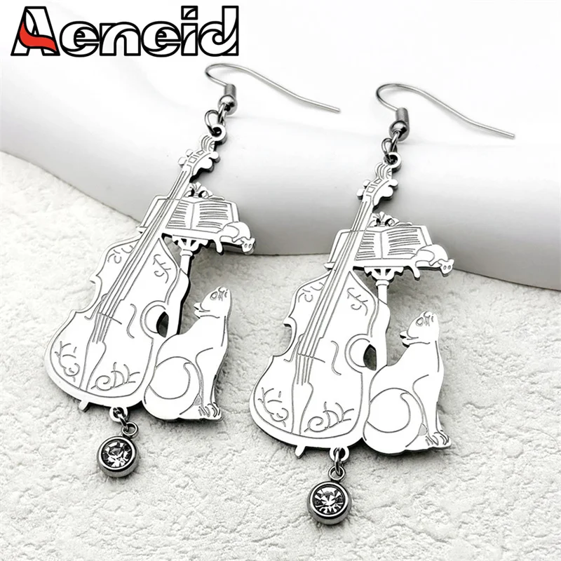 Crystal Stainless Steel Music Cello Cat Big Earrings for Men Women Animal Musical Drop Earring Christmas Gift Party Jewelry