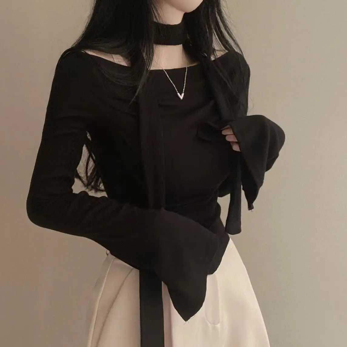 الكورية نمط ChicAutumnslims المرأة خارج الكتف كم طويل تي شيرت التخسيس مثير اقتصاص مطوي قاعدة الأعلى للأزياء #6