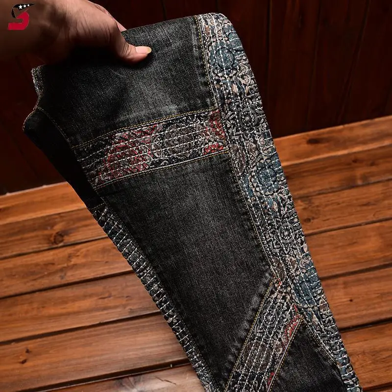 Vaqueros bordados con costuras para hombre, pantalones ajustados elásticos a la moda con contraste de Color, personalidad, tendencia, pantalones de motocicleta a la moda