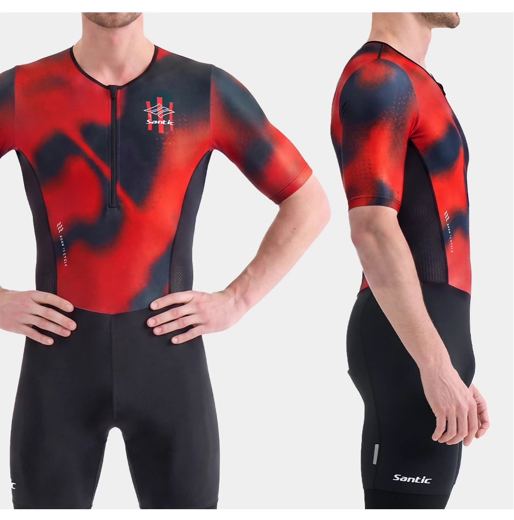 Santic Men Triathlon Skinsuit Breathable Elastic Short Sleeve Cycling Jumpsuit High Density 80KG Cushion Pad KM26C03030R