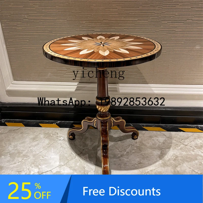 

Light Luxury Small Round Table Peach Core Solid Wood Inlaid Furniture Side Table Living Room English Style Round Table