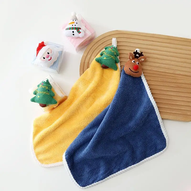 Kids Christmas Velvet Hand Towel with Cartoon Elk Snowman Santa Claus Xmas Tree Design Bathroom Hanging Towel Adsorption Cloth