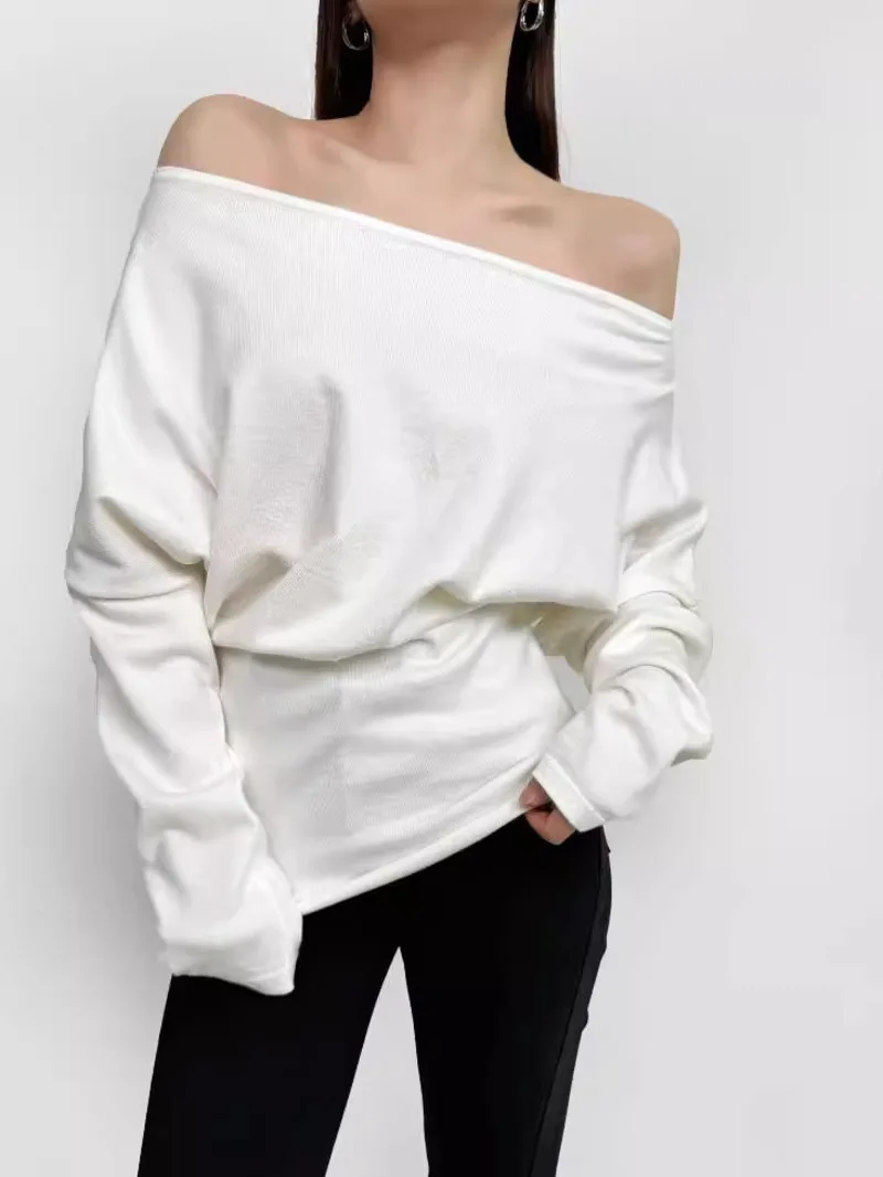 Herfst Nieuwe 2024 Pittige Meisje Slash Hals Off Schouder Gebreide Trui Vrouwen Ontwerp Gevoel Losse Lange Mouw Casual Trui E1JZ