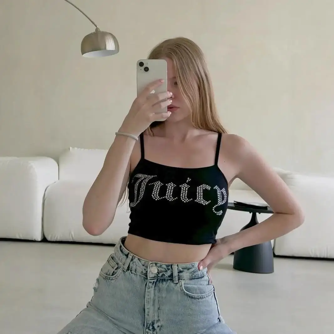 

Сексуальный топ со сверкающими стразами и ремешками, женский модный повседневный длинный укороченный топ Sve Bitchy Girl Y2K, трендовый