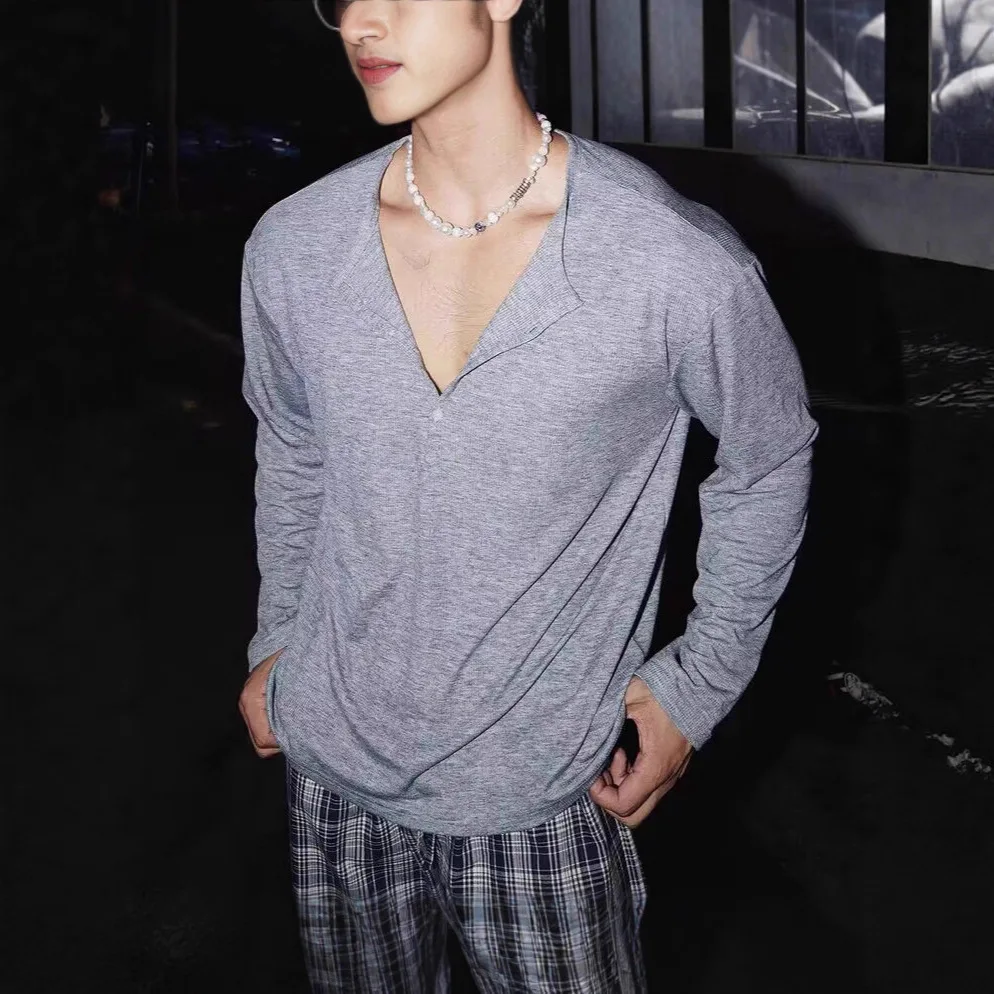 2026 New Men's Lazy Style Half Button Cardigan Loose Long Sleeve Henley Neck U Neck Base T Shirt