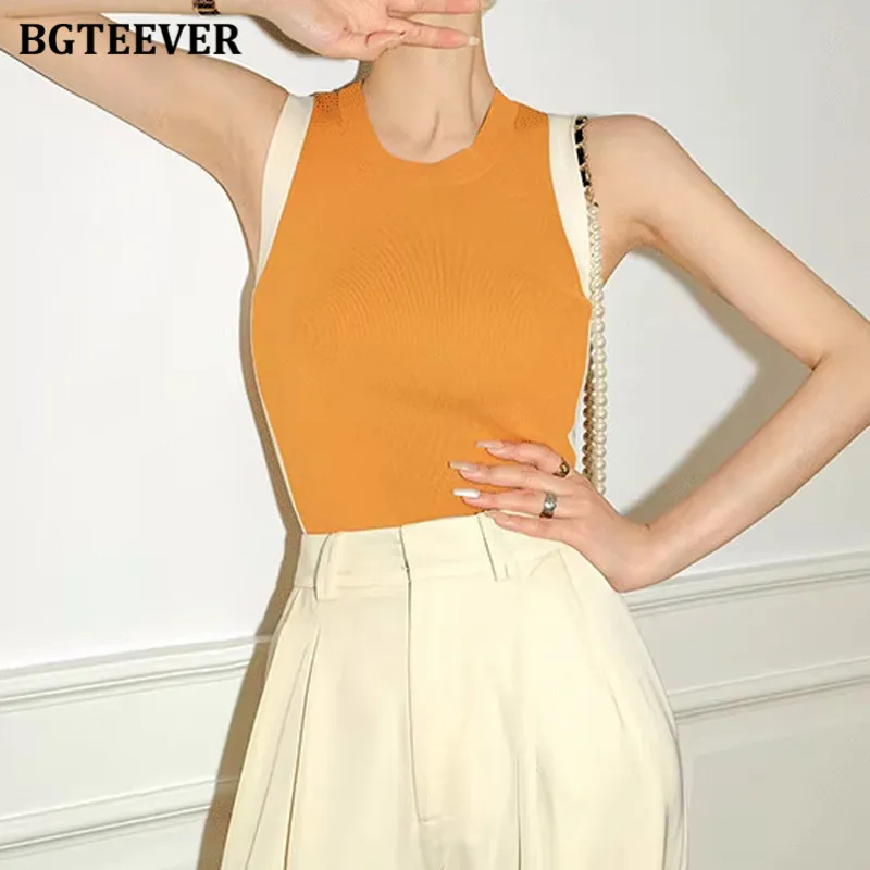 BGTEEVER Stylish O-neck Slim Women Patchwork Knitted Camisole Elegant Basic Skinny Pullovers Vests Female