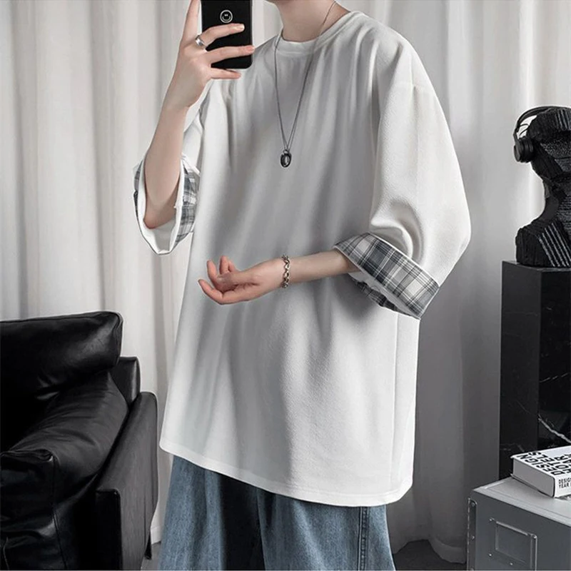 

Summer Ice Silk Fake Two Piece Men O Neck Short Sleeve T Shirts Spliced Plaid Student Fashion Simple Harajuku 2xl Oversized Tops