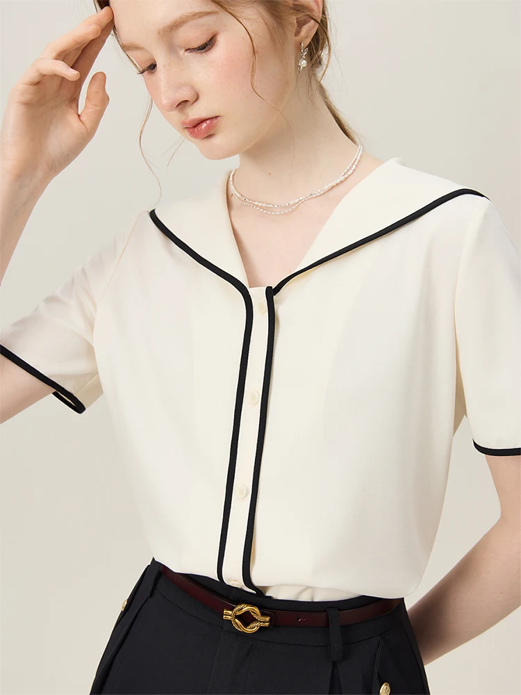 FSLE Navy Collar Contrasting Color Design Women Summer Beige Short Sleeve Blouses Casual Single Breasted Loose Tops 24FS12209