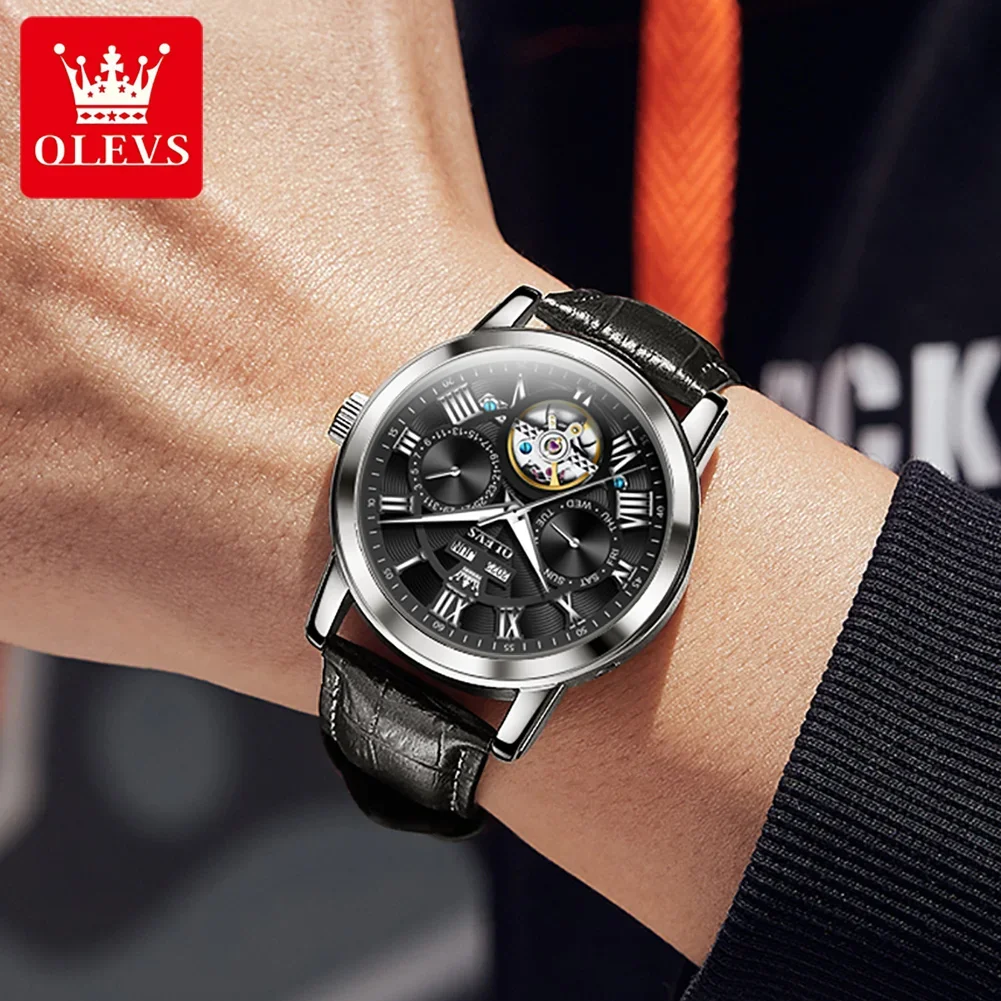 OLEVS relojes mecánicos automáticos para Hombre correa de cuero resistente al agua luminoso doble calendario Dial relojes de pulsera para Hombre