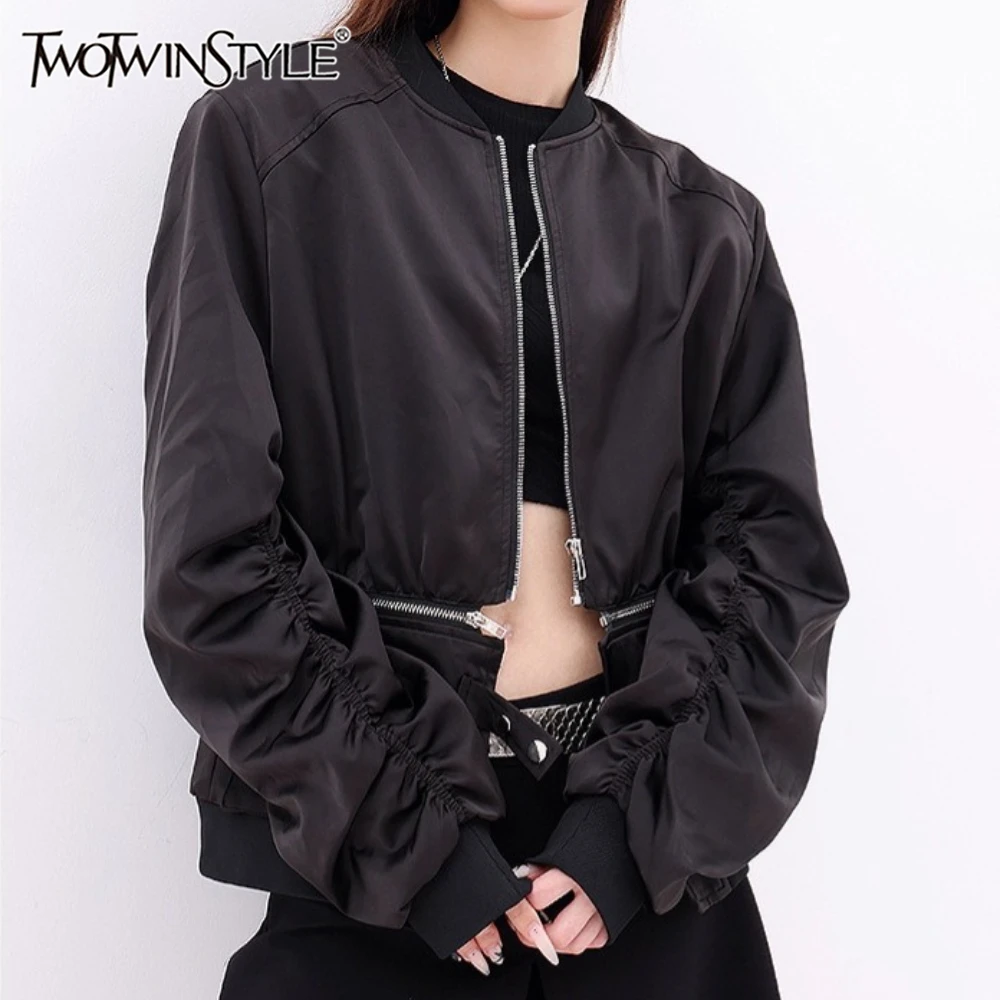 

TWOTWINSTYLE однотонная куртка на молнии женская с круглым вырезом и длинным рукавом свободная лоскутная уличная одежда со складками женские куртки осенняя новинка