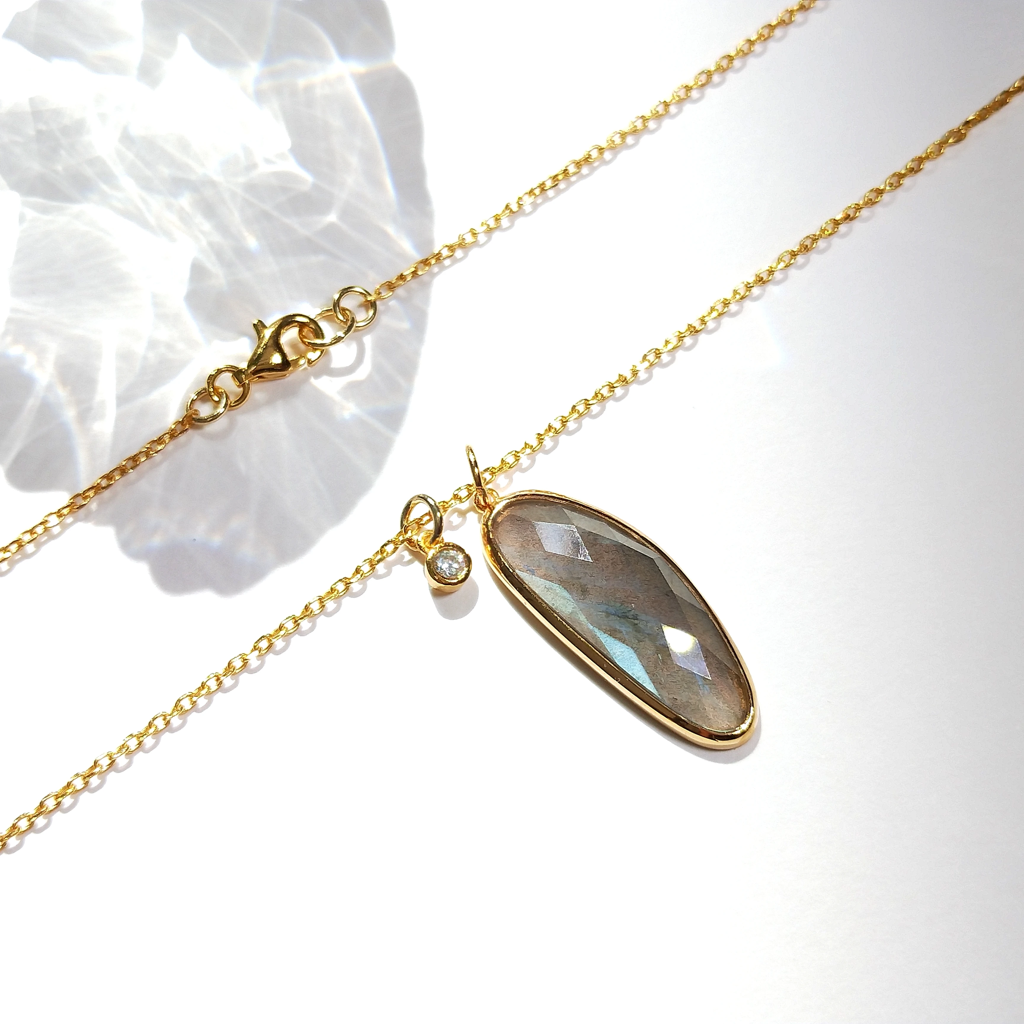 Lii Ji Labradorite With Zircon Charm 925 Sterling Silver Gold Plated Necklace Natural Stone Pendant Choker Jewelry Fashion Gift