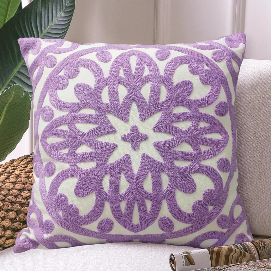 Thick Embroidery Pattern Durable Cotton Canvas Soft Cushion Case for Sofa Couch Bed Living Room (Lilac Lavender)