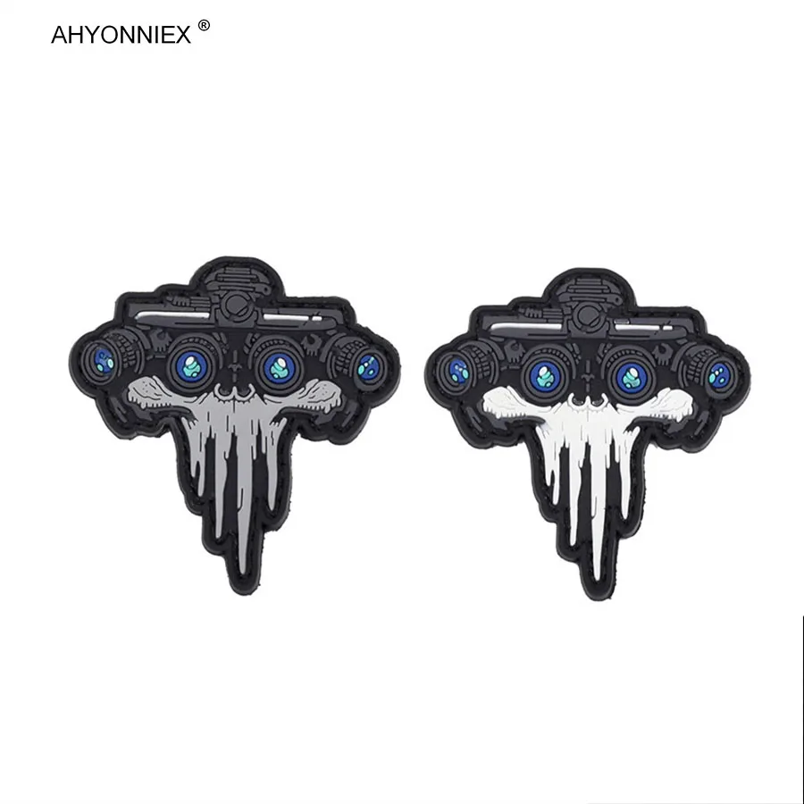 AHYONNIEX 1PC PVC Night Vision Goggles Skull Patch Tactical Medal Luminous Hook&Loop Badge Military Stickers for Backpack