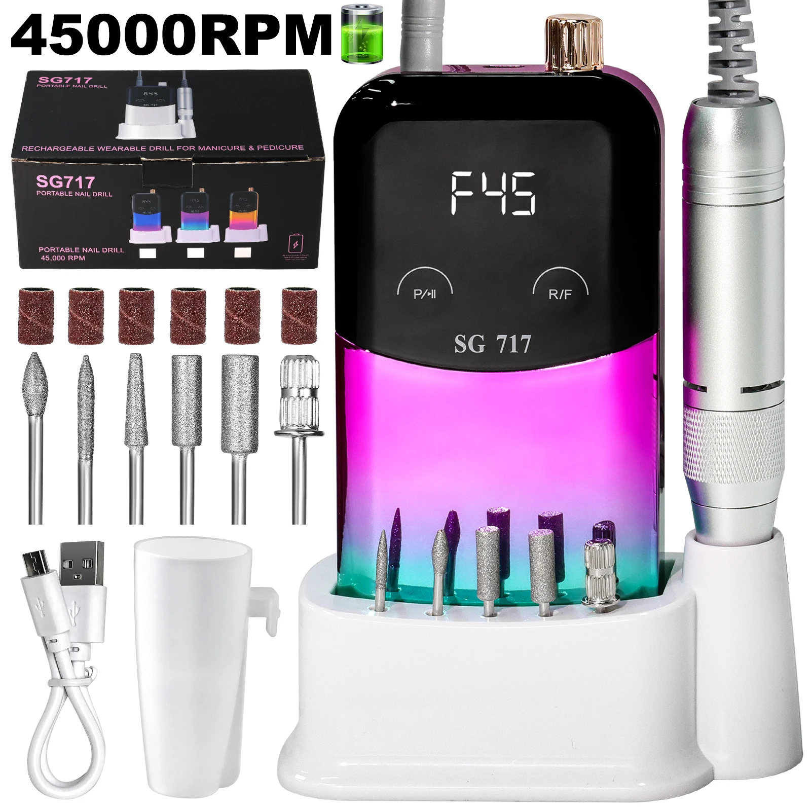 

Rechargeable Nail Drill Machine, 45000RPM Electric Nail File Portable Efile Cordless and Professional Nail Grinder Kit for Women