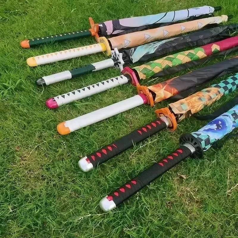 Demon Slayer Katana Umbrella Real Size Japanese Anime Cosplay Rain Gear Tanjirouu Kimetsu No Yaiba Long Parasol Life Supplies