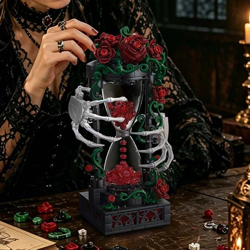 Skeleton Hourglass Rose Building Blocks Gothic Style High Difficulty Assembly Model Creative Ornament Dark Style Gift