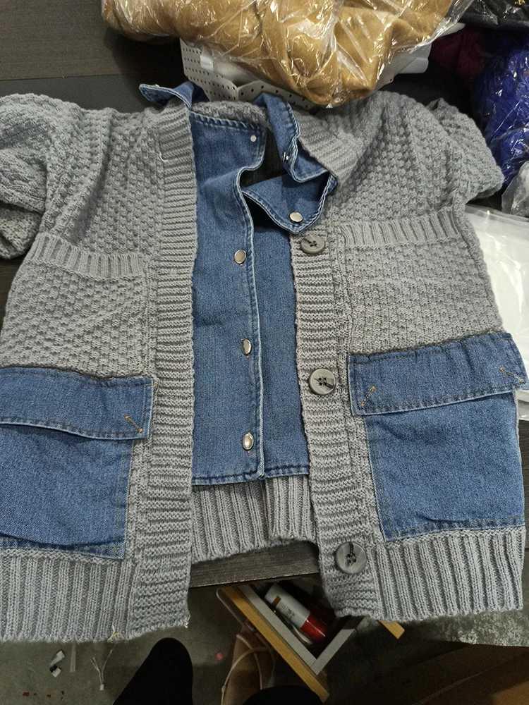 MooQ-Cardigan en denim épissé à manches longues pour femmes, mode décontractée, optique adt, pull pour femmes, hiver, automne, nouveau, 2024, 16O1464