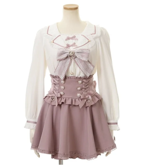 Women Girls Lolita Sweet Cute A-line Mini Skirt Japanese Style Ribbon Bow Diamond Pearl Buckle Removable Short Suspender Skirt