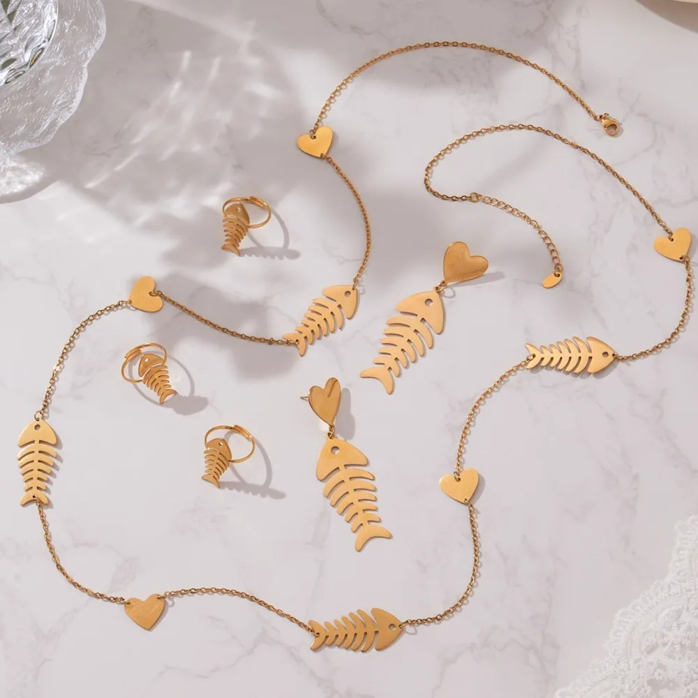 Fishbone Charm Necklace Dangle Earrings Ring for Women 18k Gold Plated Stainless Steel Sweater Chain Necklaces Earring Rings Set