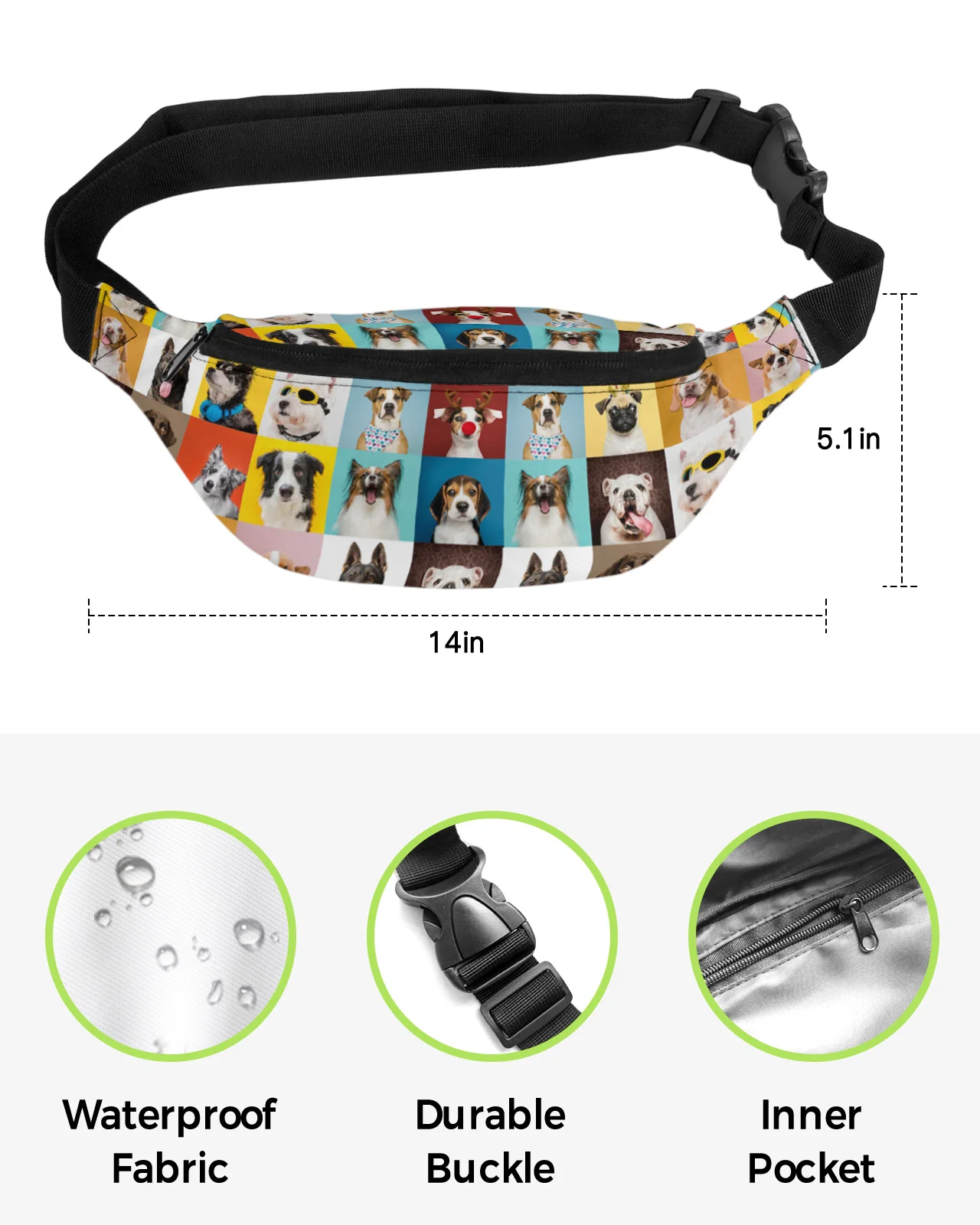 Bulldog Border Collie Bull Terrier Pet Dog Waist Packs Shoulder Bag Unisex Messenger Bag Casual Fashion Fanny Pack for Women