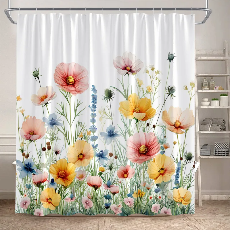 Floral Shower Curtain Blue Purple Pink Watercolour Flowers Plant Modern Minimalist Polyester Bathroom Decor Bath Curtains Set