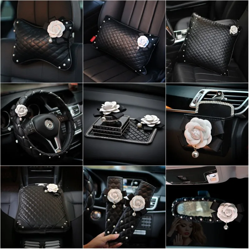 38cm Fashion Cute Car Steering Wheel Cover with Diamond Pearl Black&White Rose Flower Key Case Car Interior Accessories