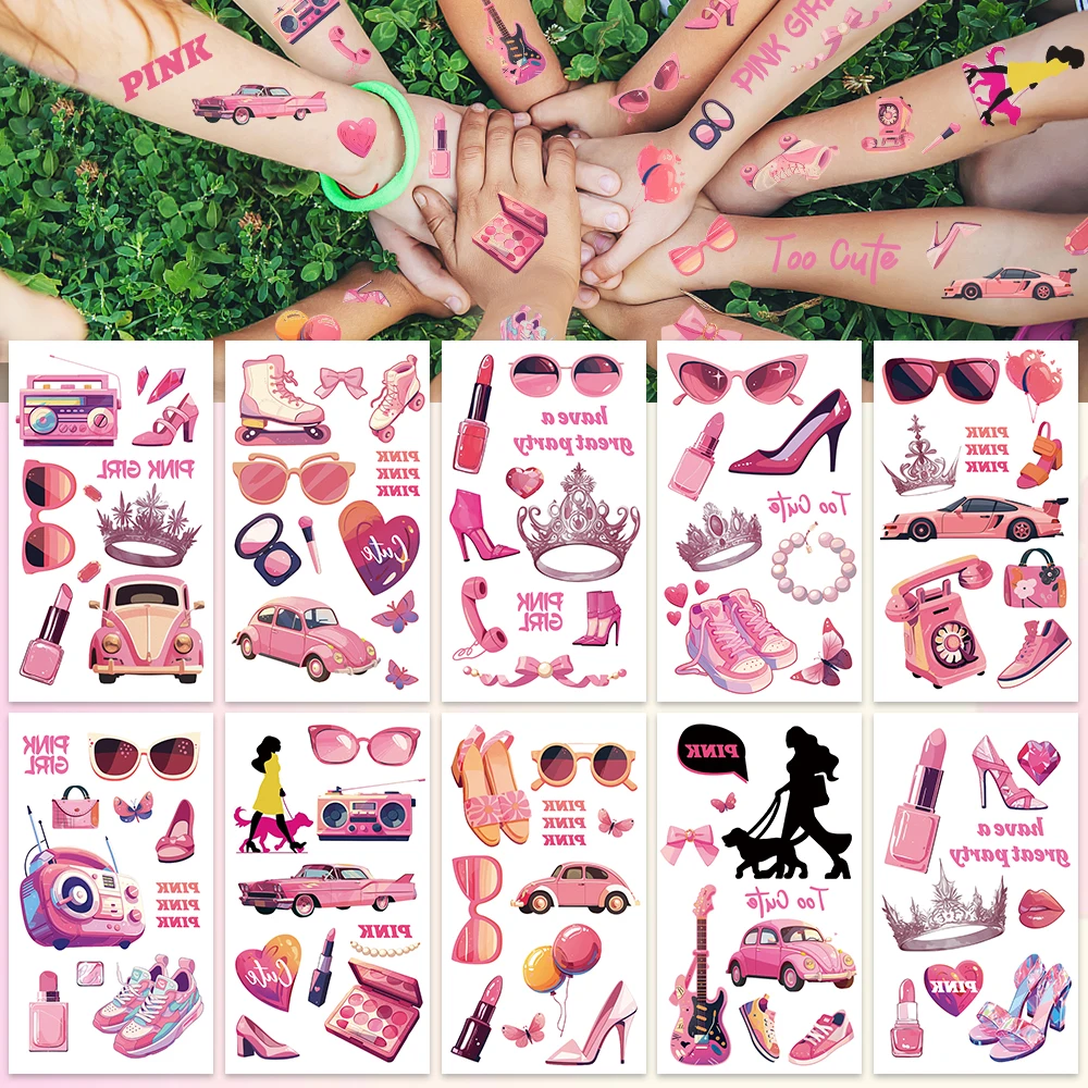 10pcs/pack Pink Girls Party Temporary Fake Tattoo Waterproof Stickers for Cartoon Children's Birthday Gift DIY Sticker Supplies