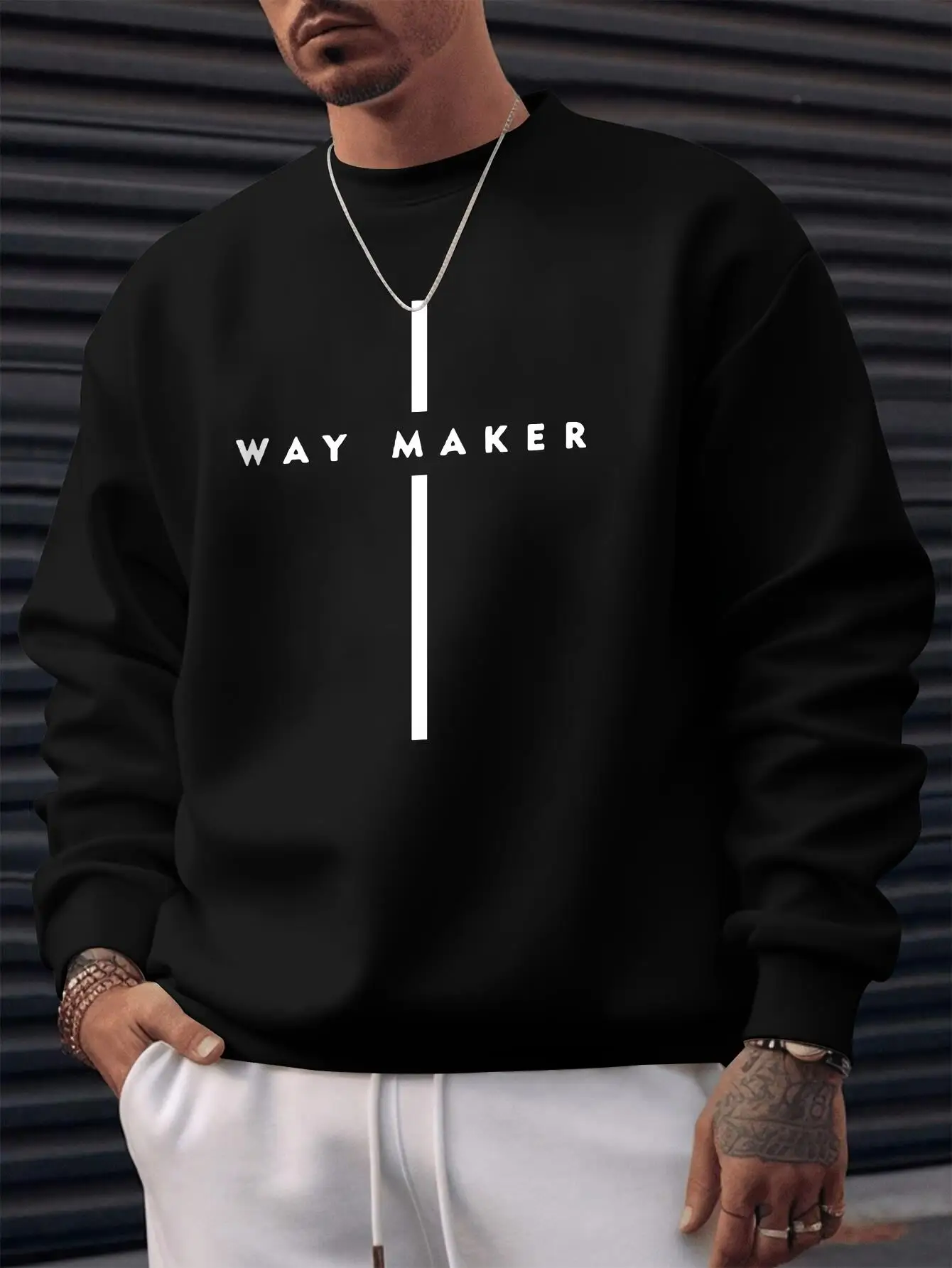 

Men's WAY MAKER Pattern Sweater - Firm White Letters, Regular Version Long Sleeve Crew Neck Pullover