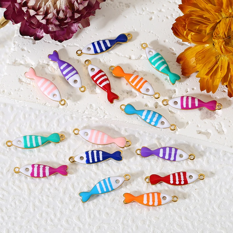 10pcs Stainless Steel Colorful Enamel Small Fish Charms Double Hole Fish Pendant Connectors DIY Women Jewelry Making Accessories