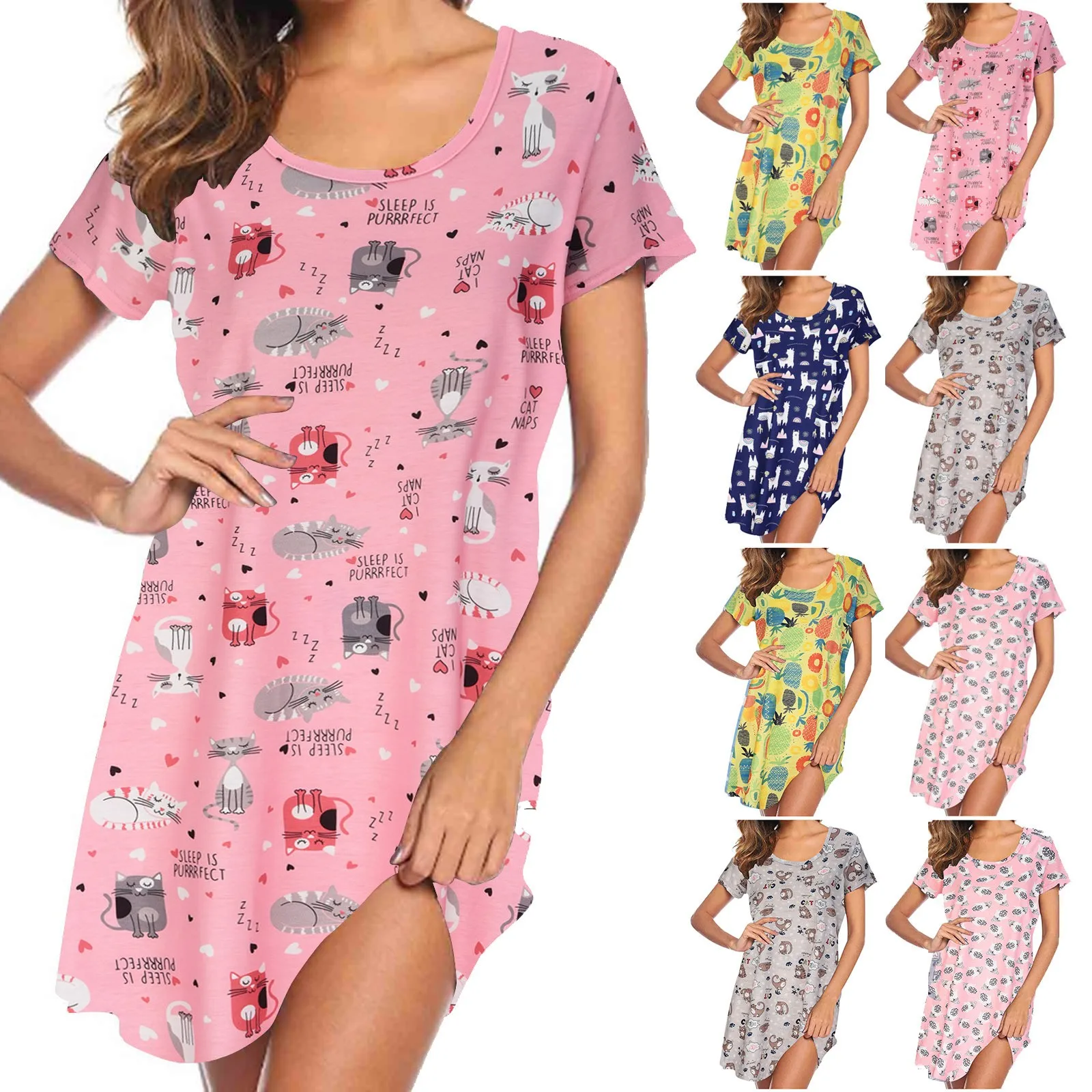 Casual Printed Dress Slim Fit Fresh and Sweet Round Neck Pullover Short Sleeve Loose Fit for Women Camping Travel Daily Wear