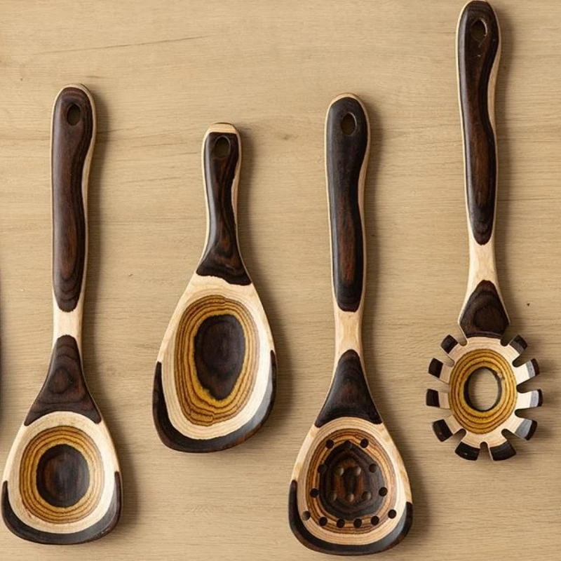 1pc Retro Moroccan Gradient Colored Wood Kitchen Utensil Set Cooking  Rice Spoon Pasta Spoon Slotted Spoon