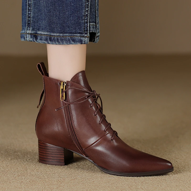 2026autumn winter women ankle boots natural leather 22-25cm washed cowhide+pigskin/plush pointed toe high heel women short boots