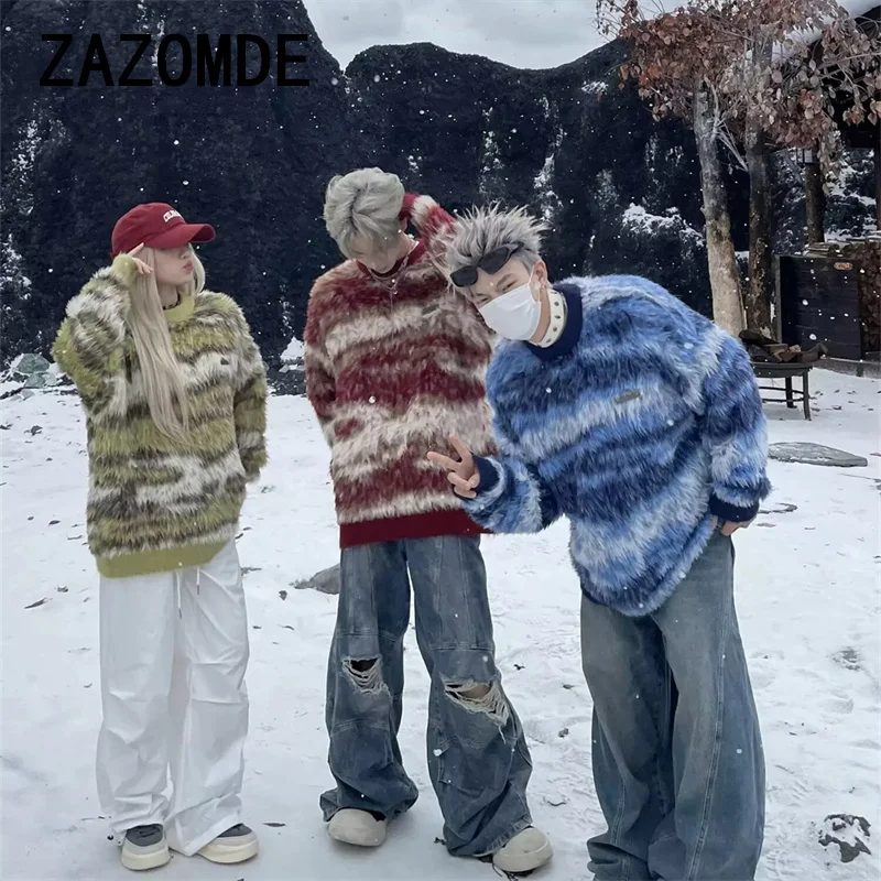 ZAZOMDE New Striped American Style Street Knitted Sweaters Top For Men Women Trendy Casual Couple Knitwear Sweater Clothing Men