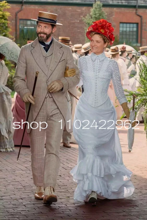 Robes de soirée victoriennes de style historique, en dentelle blanche, à manches longues, plissées, avec corset et laçage, robe de bal, costume de l'ère dorée