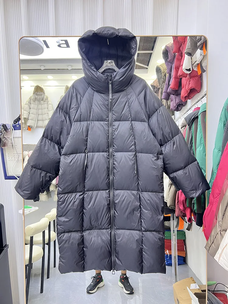 2025 inverno nuovo piumino da donna tinta unita semplice e versatile stile lungo con cappuccio sciolto piumino d'anatra bianca