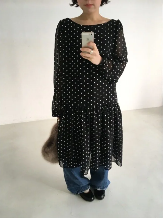 Retro Polka Dot Long Sleeve round Neck Chiffon Dress Korean Style Casual Forest System Skirt for Women in Their 20s And 30s