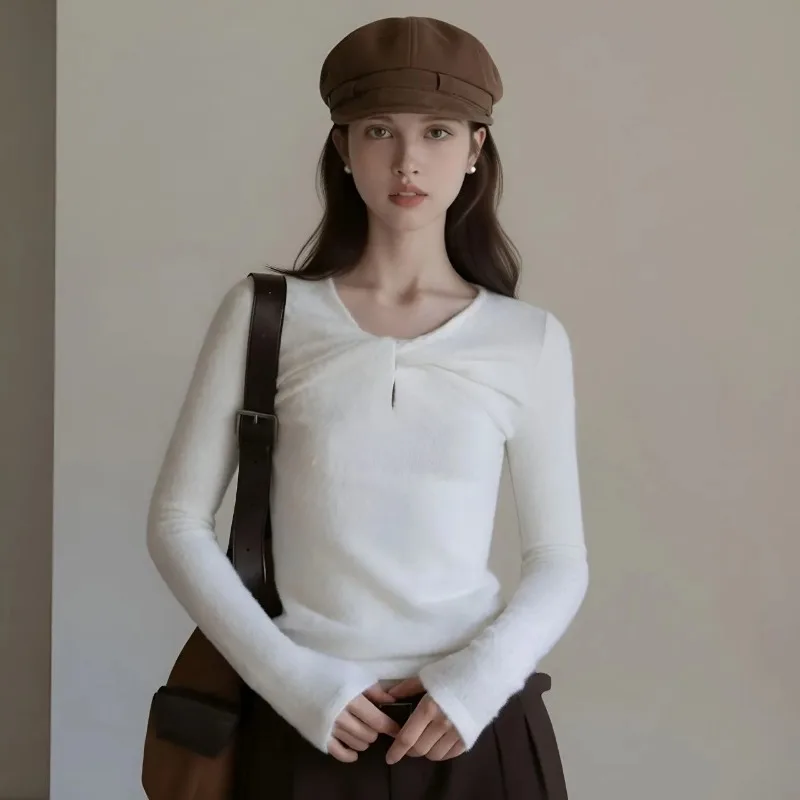 Women Twisted Front Long Sleeve Top Round Neck Slim Fit Shoulder Soft Knit Blouse Elegant Layering Shirt Autumn Winter