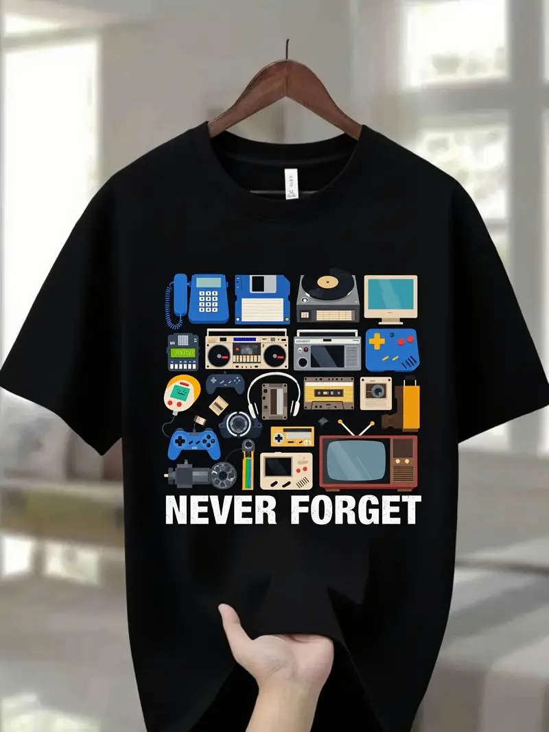 Navy Blue Retro Electronic Gaming Graphic T-Shirt Crew Neck Men's T-Shirt Never Forget Text Vintage Tech Gadgets Gift For Y2K