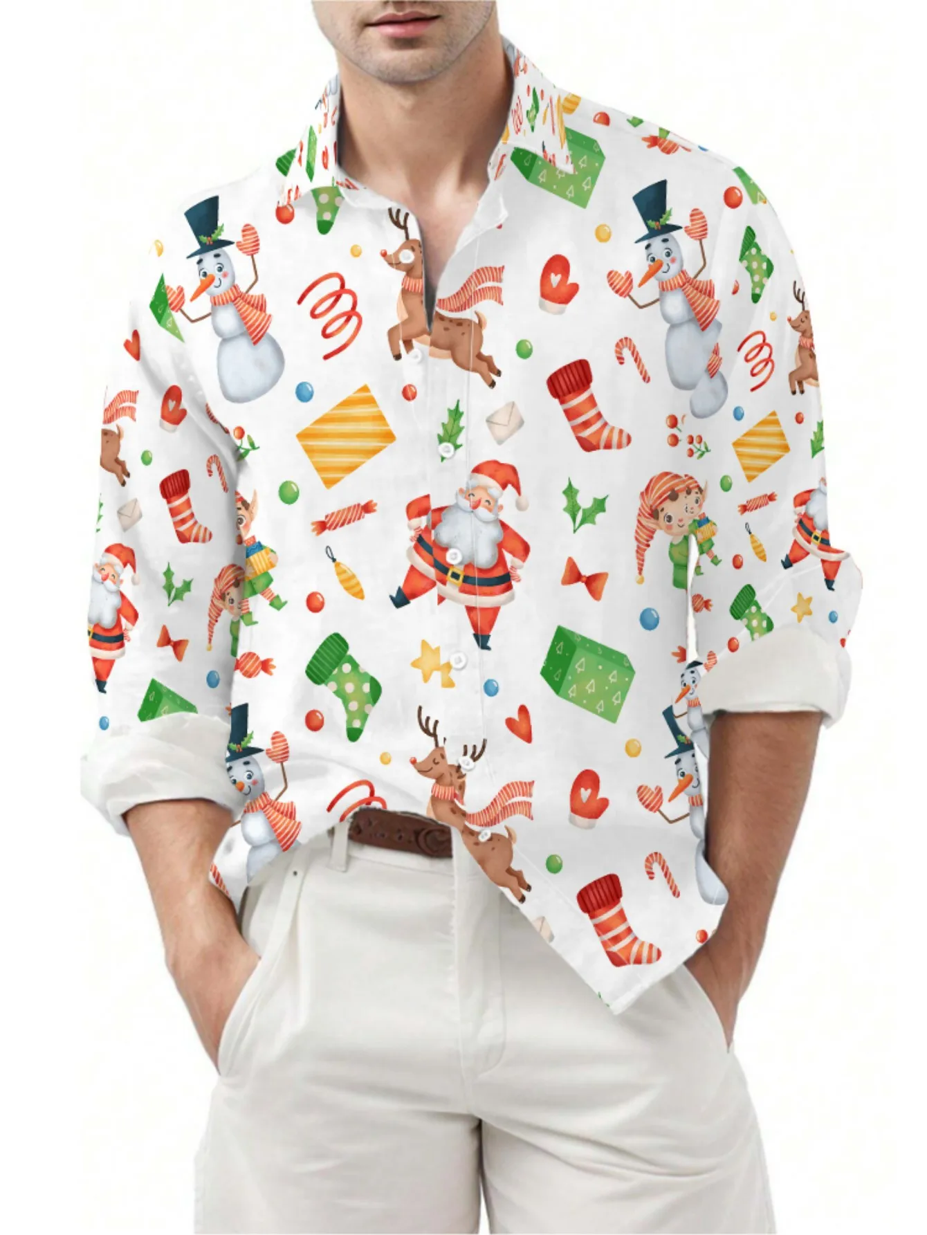 

Мужская повседневная 3D цифровая рождественская рубашка свободного покроя с воротником-стойкой, пляжный отдых, рождественский подарок ​ ​