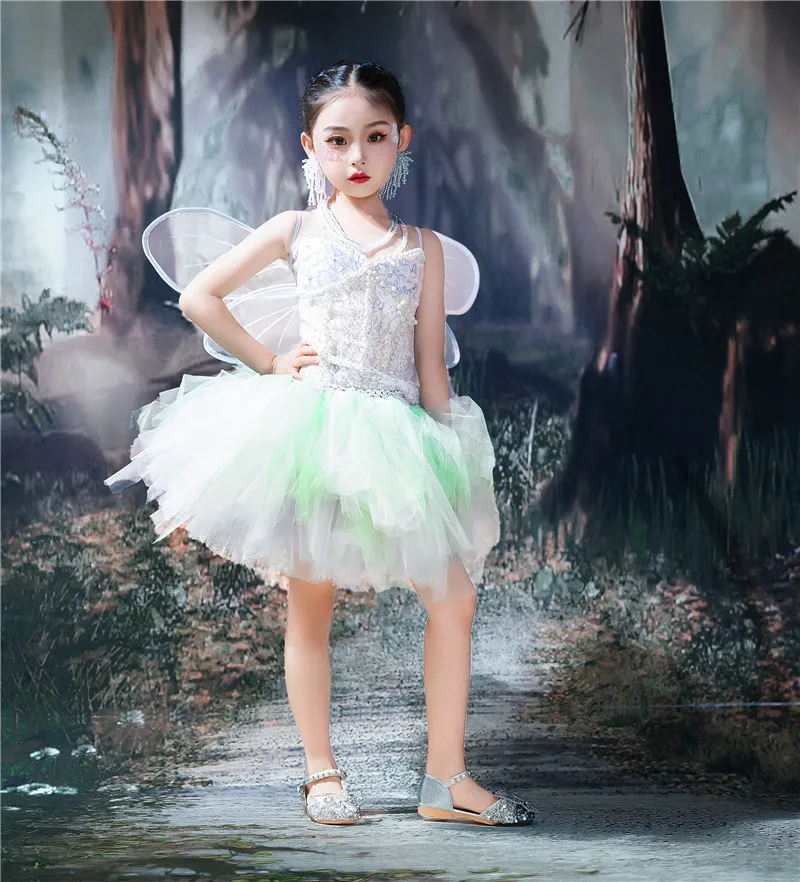

Girls mermaid suit tutu dress dress sequined pearl heavy industry fairy dress elf wind green spring and summer sweet cool wind