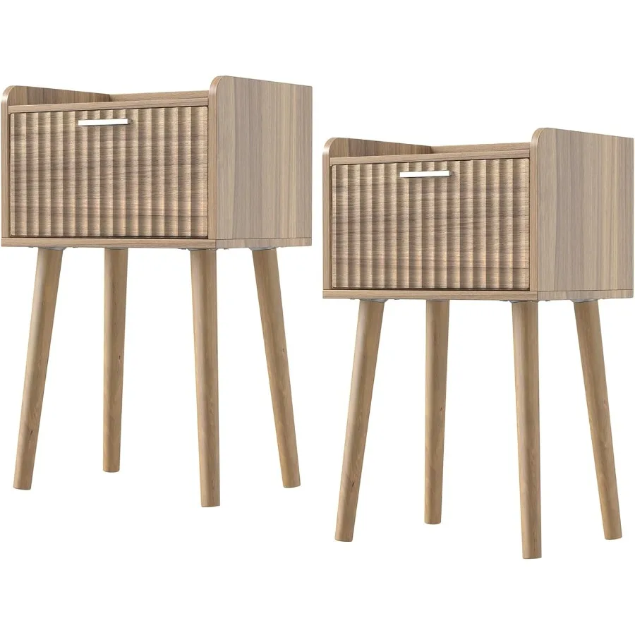 

Small Nightstand Set of 2 Side End Table with Fluted Door Bedside Table with Solid Wood Legs Mid-Century for Bedroom Small Beds