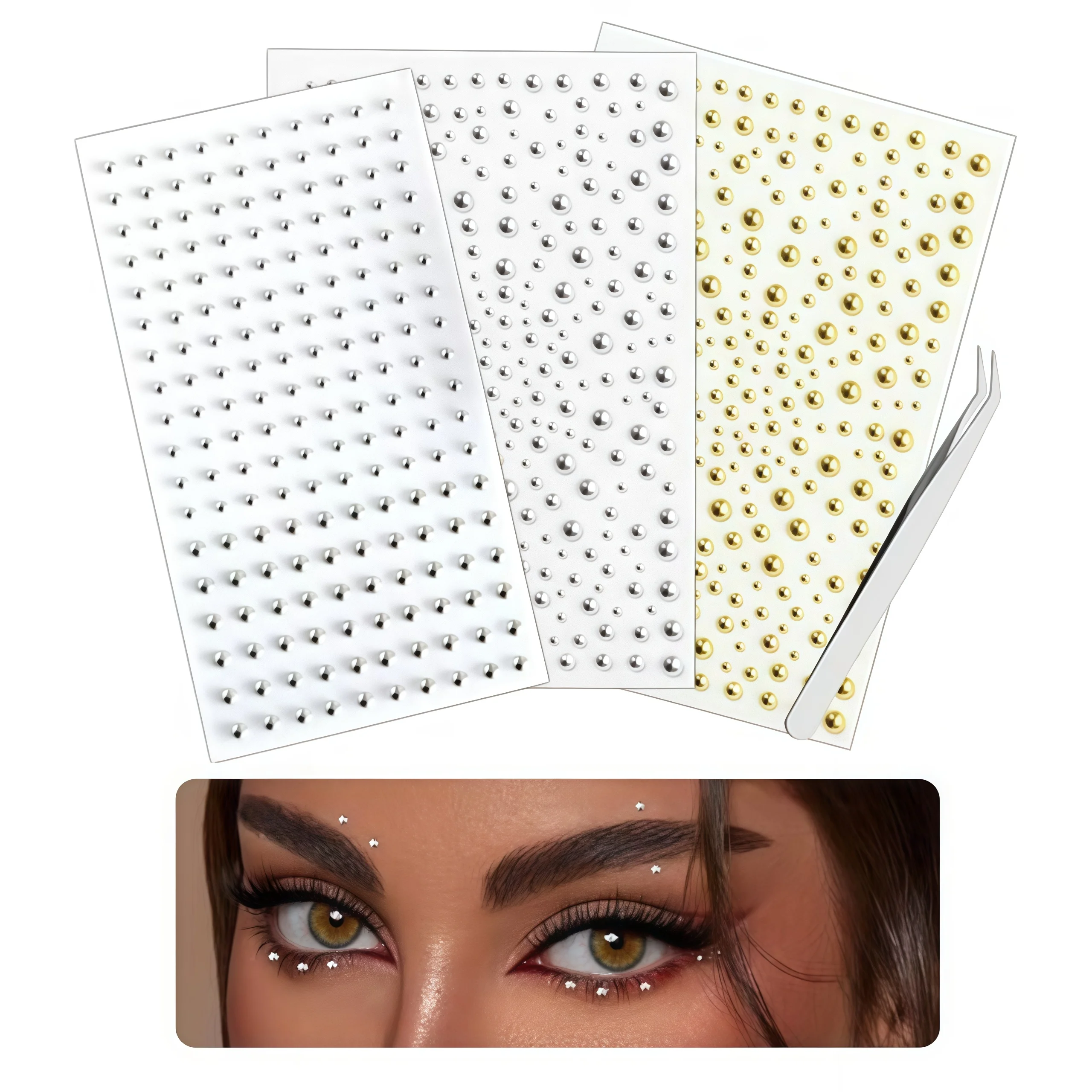 1/3 Sheets Face Body Stud Stickers Self‑Adhesive Fake Piercing Metallic Dot Gems Optional with Tweezers for Festival Makeup