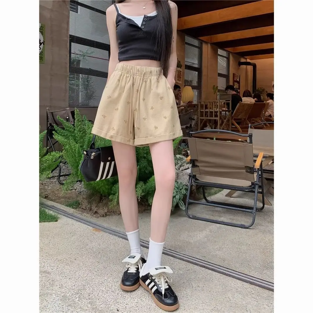 素敵な夏の女性服ワイドレッグパンツファム韓国甘い印刷ハイウエストバッファリーショーツ新しいカジュアル 5 クォーター P