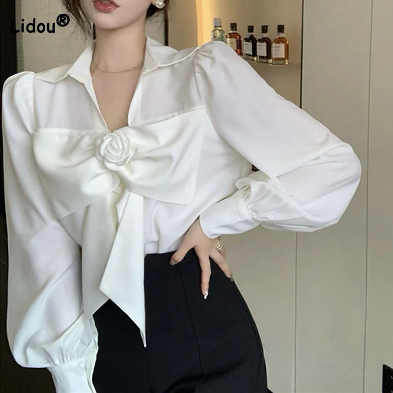 Spring Chic Bow Spliced Fashion Shirt for Female Casual All-match Long Sleeve Simplicity Solid Color Blouse Women\'s Clothing