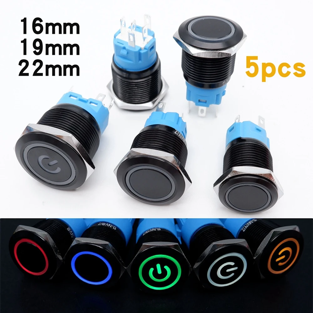 

5PCS 16/19/22mm Metal Power Switch Push Ignition Button For Car LED Lights Momentary Self-reset Latching Black Flat Head 24V 12V