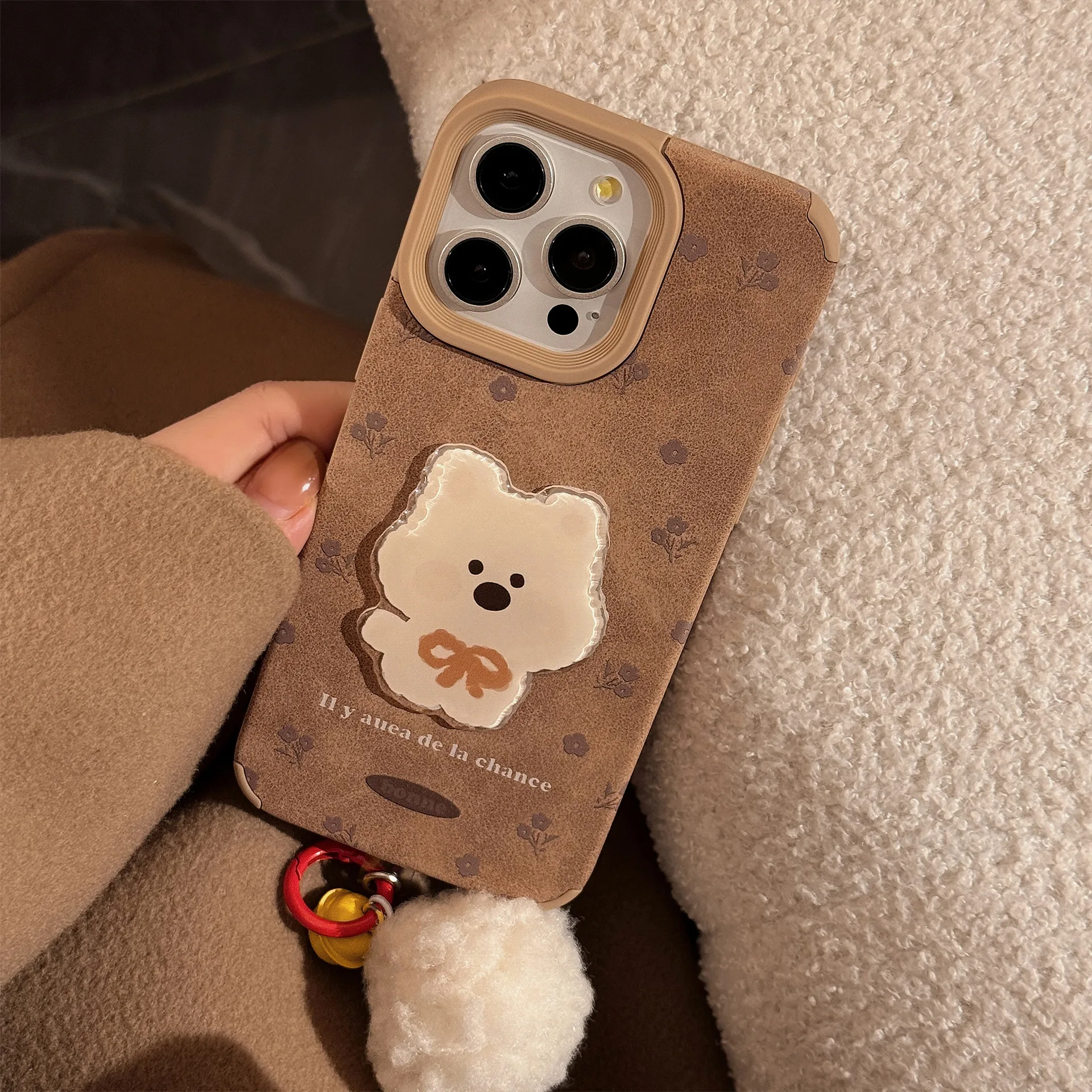 Cartoon 3D white puppy ins plush pendant phone case for iphone 15 16 promax 13 12 14 pro max cute back cover fundas