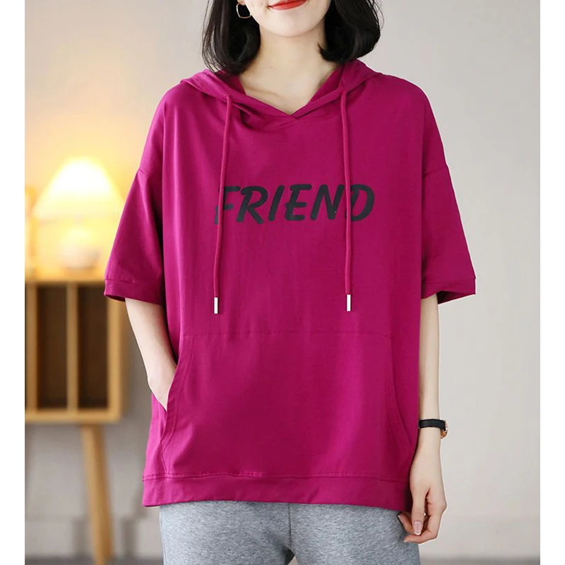Fashion Loose Printed Letter Cartoon Hooded Sweatshirts Women Clothing 2024 Summer New Oversized Korean Tops Casual Sweatshirts