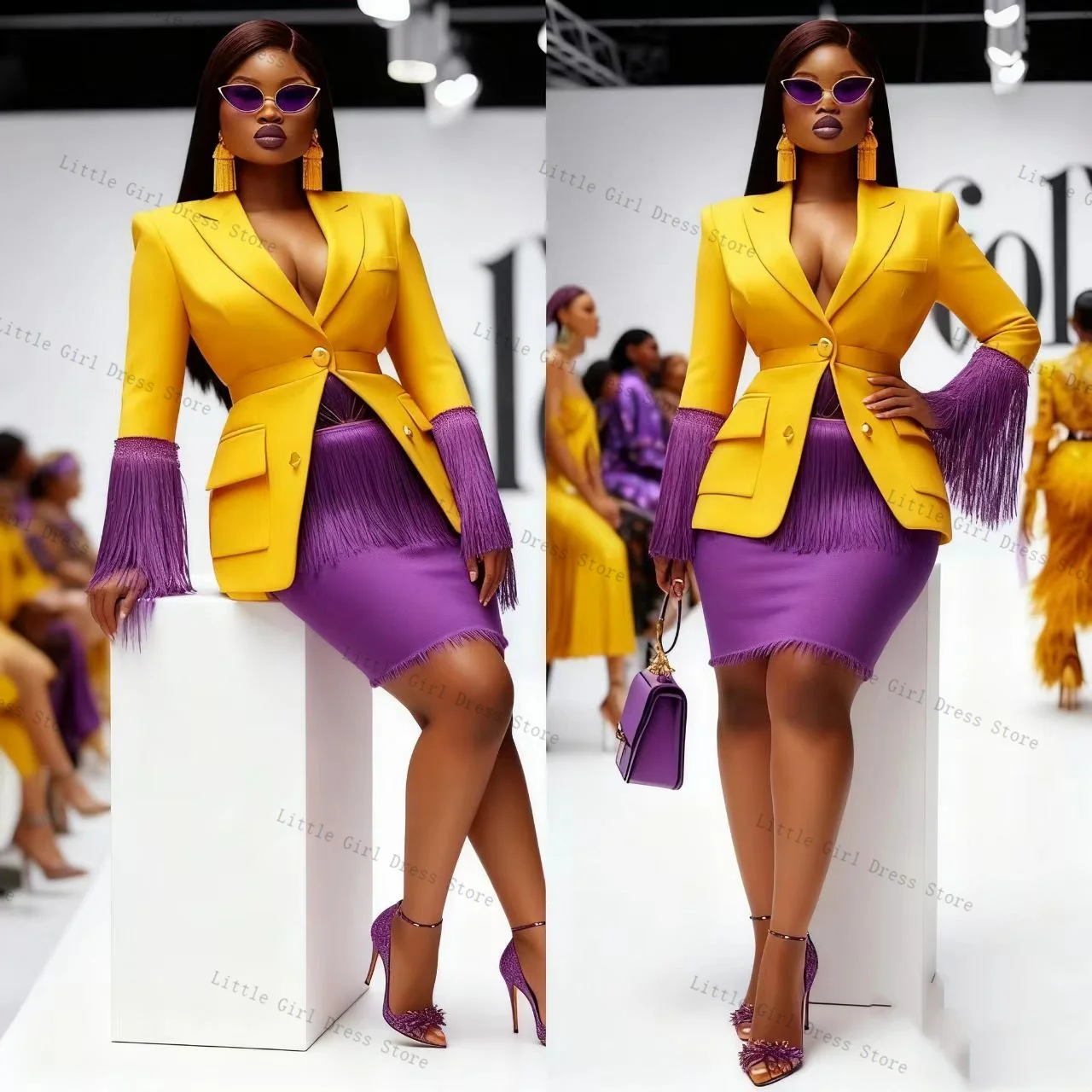 

Tassel Women Suit Set 2 Piece Yellow Purple Blazer Short Mini Prom Dress Formal Office Lady Jacket Wedding Bride Coat Customized