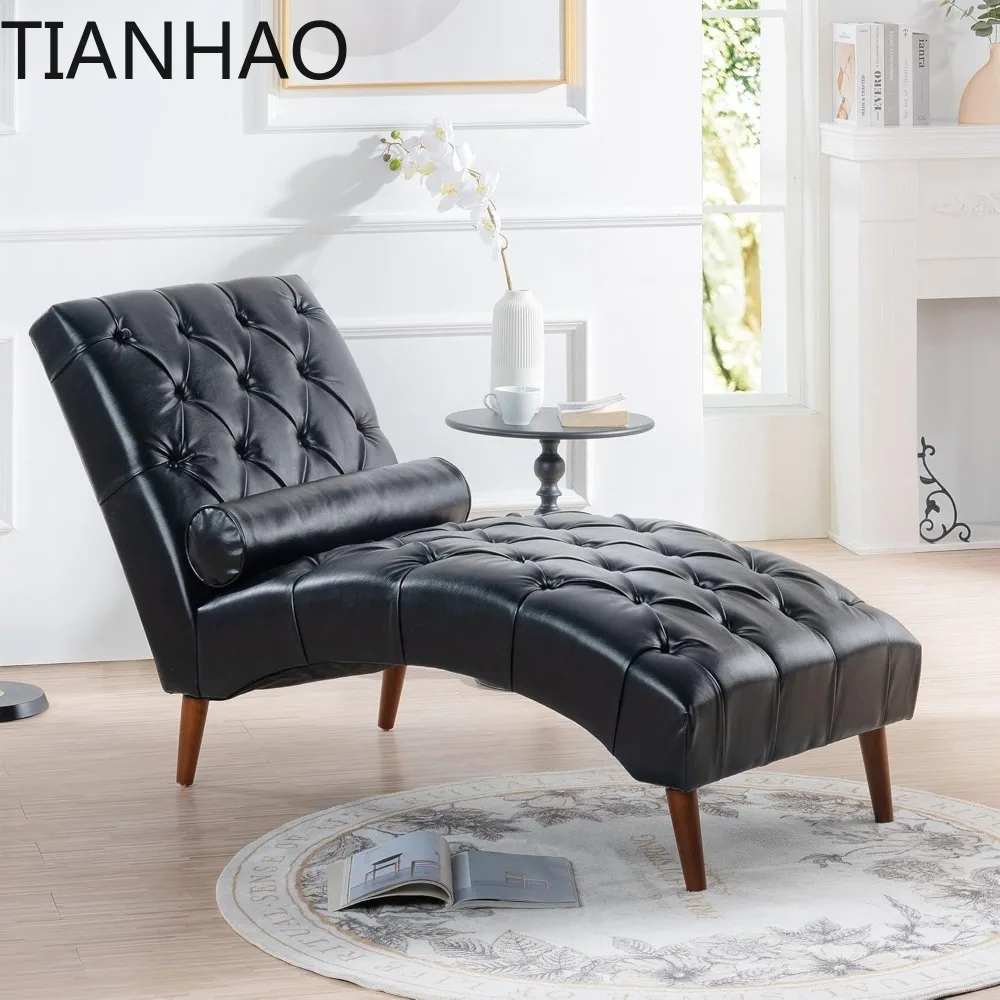 Faux Leather Upholstered Chaise Lounge, Button Tufted Sleeper Lounge Chair with Solid Wood Pillow for Living Room Bedroom